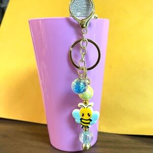 Bee Charm Keychain with Blue and Yellow Beads